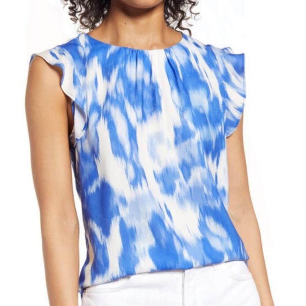 Halogen Blue + White Ruffle Sleeveless Blouse